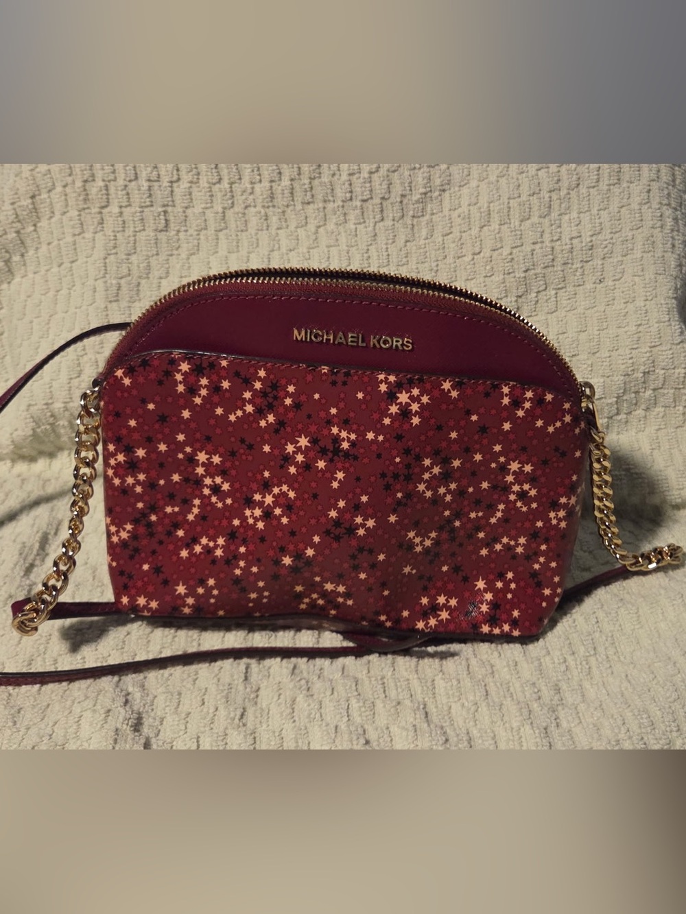 Michael Kors Burgundy Star-Print Crossbody with Gold Chain